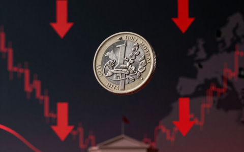 A dramatic close-up of a silver coin tumbling downward against a dark gradient background, surrounded by faint red downward arrows and abstract financial chart lines. In the blurred distance, subtle silhouettes of a central bank building and a map of the Middle East hint at geopolitical uncertainty. Moody, high-contrast lighting, editorial photography style, realistic and atmospheric.