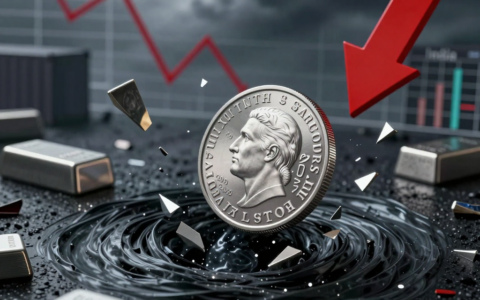 A dramatic editorial illustration of a silver bullion coin tipping over and falling into a dark, swirling vortex, with shattered fragments of silver bars scattered around. In the background, a faint chart shows a steep downward red arrow, and a distant silhouette of a shipping container labeled "India" looms under a stormy sky. The scene is illuminated by a harsh, cold light, conveying a sense of market panic and bearish sentiment. Photorealistic style, high contrast, deep shadows, and a cinematic mood.