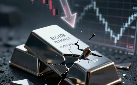 A dramatic, editorial-style image of a large, polished silver bar cracked and fractured against a dark, stormy backdrop, with jagged shards falling away. A faint, ghostly downward arrow composed of red and black market candlestick patterns hovers above the bar, while a dim, glowing financial chart in the background shows a steep cliff-like decline. The scene is lit by cold, metallic highlights and ominous shadows, evoking a sense of panic, systemic sell-off, and macroeconomic reversal. Cinematic lighting, high contrast, macro perspective, photorealistic, 8K.