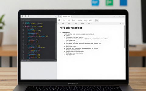 A MacBook Pro on a wooden desk, screen showing a split view: on the left, a small terminal window displaying Python code running with file‑creation commands; on the right, an open WPS‑like document editor showing a freshly created weekly report. The desktop background shows a few file icons (.docx, .pptx, .xlsx) appearing one by one. Clean, minimalist aesthetic, warm indoor lighting, editorial photography style, no visible logos or text except generic application windows, focus on the seamless integration of background automation and manual editing.