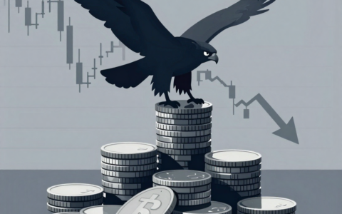 A minimalist editorial illustration of silver coins and bars stacked in a precarious pyramid, with a large, stylized hawk casting a long shadow over them, set against a backdrop of flickering stock market candlestick charts and a fading arrow of a downward trend, all rendered in muted metallic tones of gray, silver, and deep navy blue, with a moody, overcast lighting that conveys vulnerability and uncertainty, in a style reminiscent of modern financial reportage art.