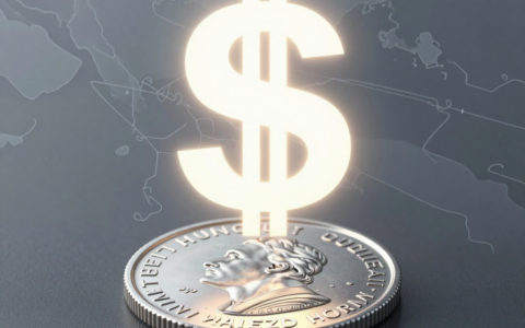 A photorealistic editorial illustration of a silver coin resting on a dark, reflective surface, with a faint, ethereal map of the Strait of Hormuz in the background. A strong, glowing US dollar symbol looms above, casting a shadow over the coin. Soft, diffused lighting with a calm, subdued atmosphere conveys easing geopolitical tensions. High detail, realistic textures, no text.