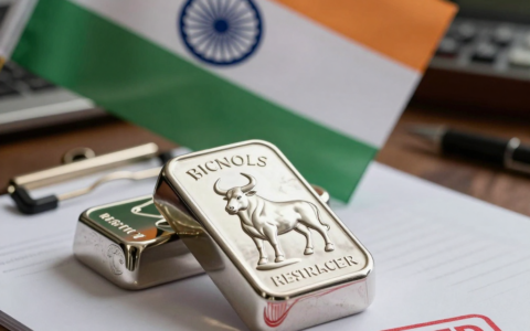 A photorealistic editorial image of a silver bullion bar resting on a desk with an Indian flag in the background, partially obscured by a stack of documents stamped with "RESTRICTED" in red ink, while a muted, dimly lit office setting suggests government regulation and economic policy.