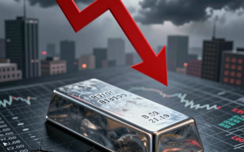 A polished silver bar lies on a dark, cracked financial chart surface, its surface dulled and slightly tarnished. Above it, a heavy downward red arrow pierces the scene, while in the background, a dramatic storm cloud looms over an abstract cityscape of skyscrapers, with faint stock tickers and bond yield graphs fading into the mist. The lighting is cold and harsh, casting long shadows, conveying a sense of decline and financial pressure. Editorial style, photorealistic.