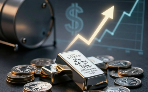 A professional editorial image depicting polished silver bullion bars and coins arranged on a dark reflective surface, with a glowing upward trend line emerging from the metal, soft blue and gold lighting. In the background, faint ghostly elements of an oil drum tilting downward, a dollar sign fading, and a dim descending bond yield curve, all representing market shifts. Sharp focus, shallow depth of field, cinematic lighting, photorealistic style.