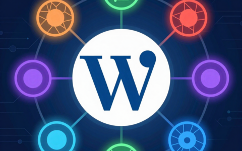 A sleek, futuristic illustration of a central WordPress icon (minimalist blue 'W' on a white circle) surrounded by several glowing, differently colored neural network nodes (orange, green, red, purple, cyan) with connecting lines, symbolizing integration with multiple Chinese AI services. Background: dark blue with subtle circuit board patterns. Style: flat vector with gradient, tech editorial, clean composition. No text.