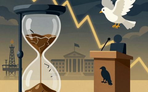 An editorial-style illustration depicting a tense global economic scene: a cracked hourglass filled with oil spills and a broken peace dove near a podium with a hawk silhouette, set against a backdrop of a steeply falling stock chart and a dimly lit horizon where storm clouds form over an oil rig and a central bank building. The mood is somber and uncertain, with muted gold and deep blue tones, soft shadows, and a sense of impending volatility.