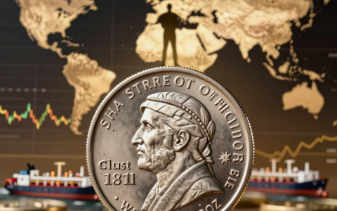 An editorial-style image showing a large silver coin gleaming in the foreground, with the background depicting a world map highlighting the Strait of Hormuz and oil tankers, while subtle financial chart lines and a silhouetted figure representing a central bank leader stand behind it. The scene is lit with dramatic golden and metallic tones, conveying tension and high-stakes market movements.